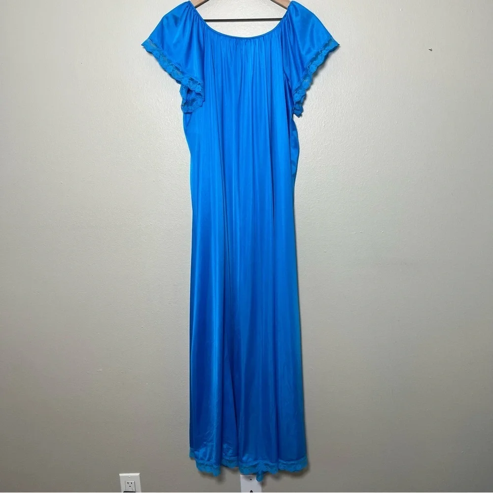 VTG 80s Henson Kickernick Women Maxi Nightgown Dress Lace Cottagecore Blue‎